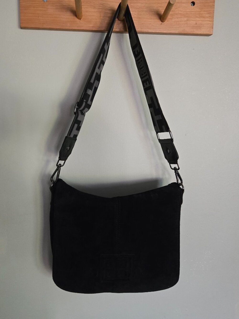 Black Suede Leather Flap Crossbody Satchel – Greek Key Strap | Made in Greece